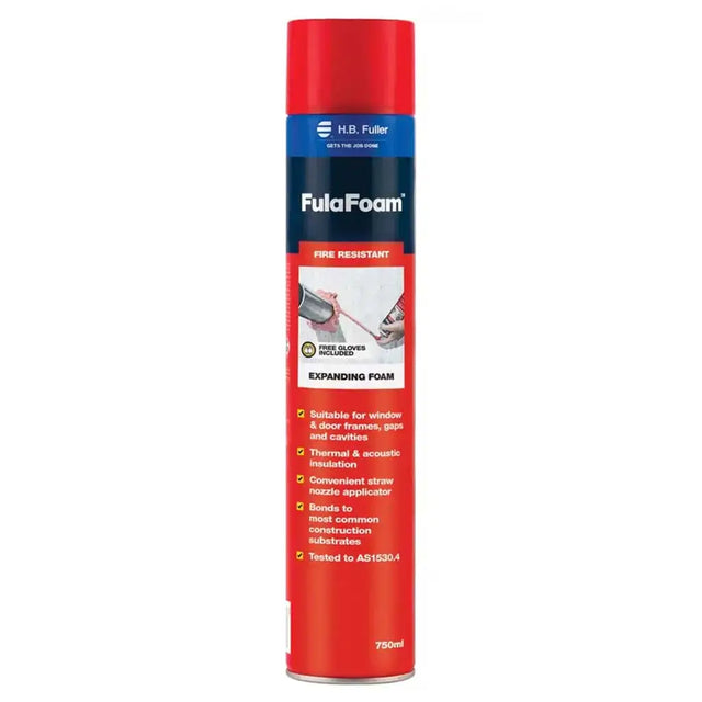 Red can of FulaFoam expanding foam with blue label on a white background