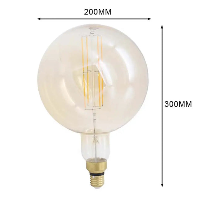 Vintage-style light bulb with dimensions indicated on a white background