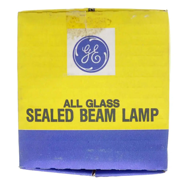 Yellow and blue packaging of a General Electric all glass sealed beam lamp