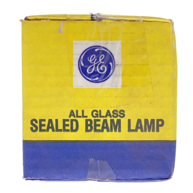 Yellow box with General Electric logo and text 'All Glass Sealed Beam Lamp' on a white background