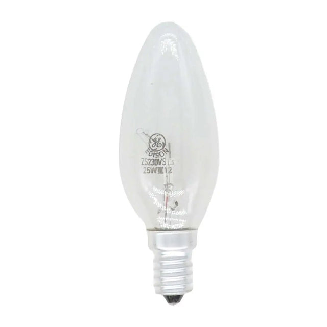 Clear light bulb with GE logo on a white background
