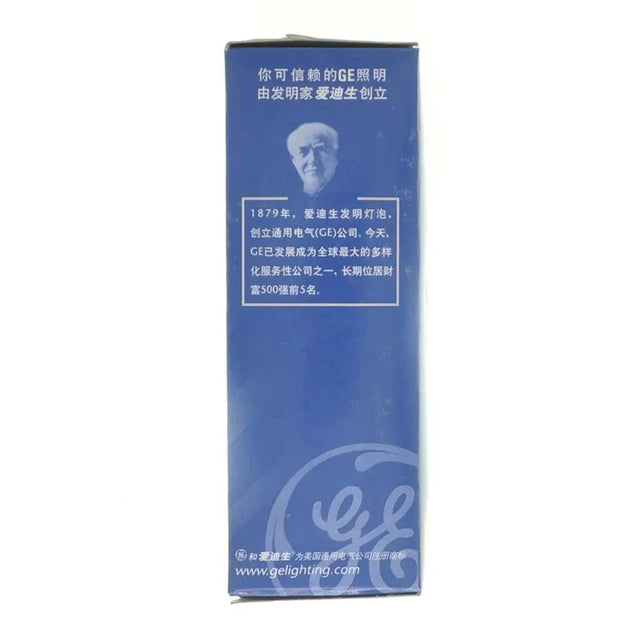 GE lighting box with a portrait of Thomas Edison on a white background