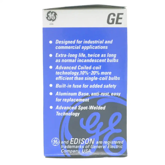 GE light bulb packaging with features listed on a white background