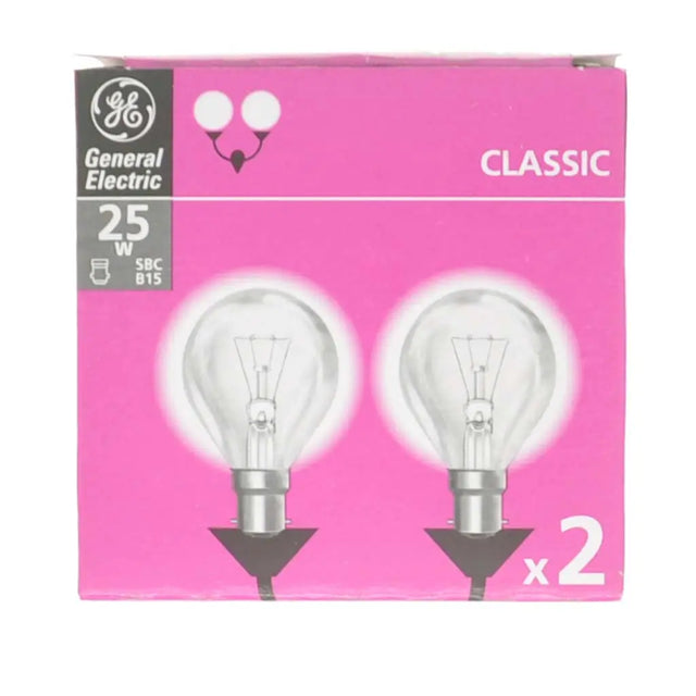 General Electric light bulb package with two bulbs on a pink background