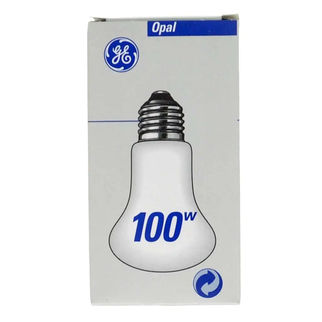 GE Opal light bulb packaging with a 100-watt bulb illustration on a white background