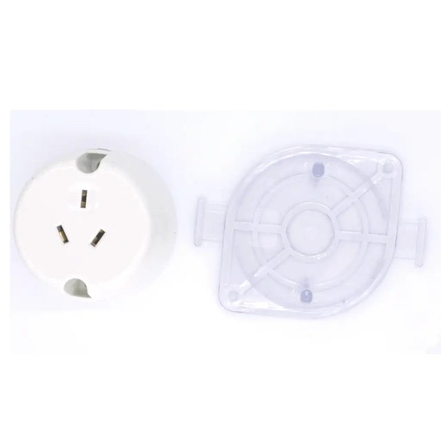 White electrical outlet with clear cover on a white background