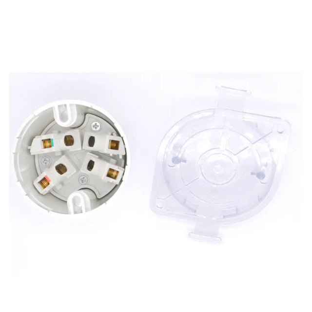 Two white light bulb sockets on a white background