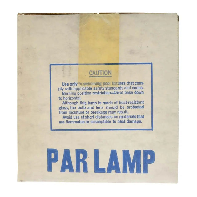 Box labeled 'PAR LAMP' with a cautionary note on a white background