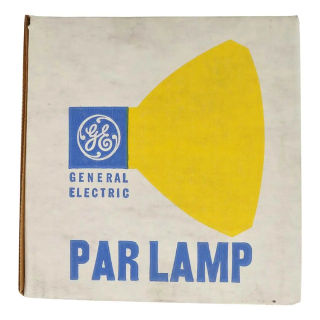 General Electric par lamp packaging with yellow lamp and blue GE logo on a beige background