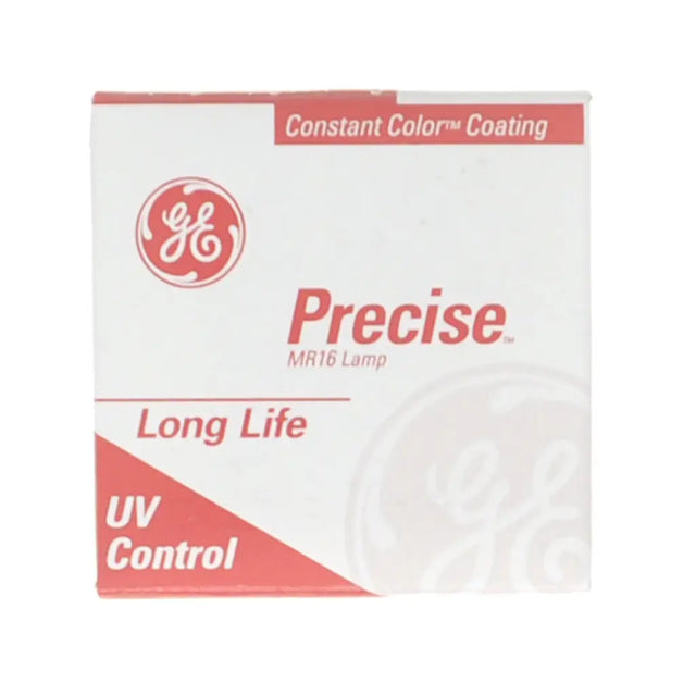 Box of GE Precise MR16 lamp with red and white design on a white background
