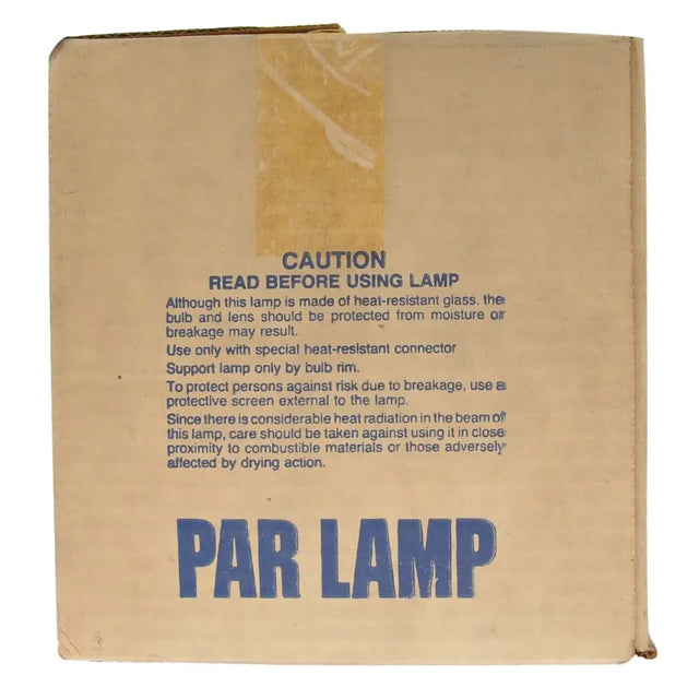 Cardboard packaging for a PAR lamp with warning text on a white background