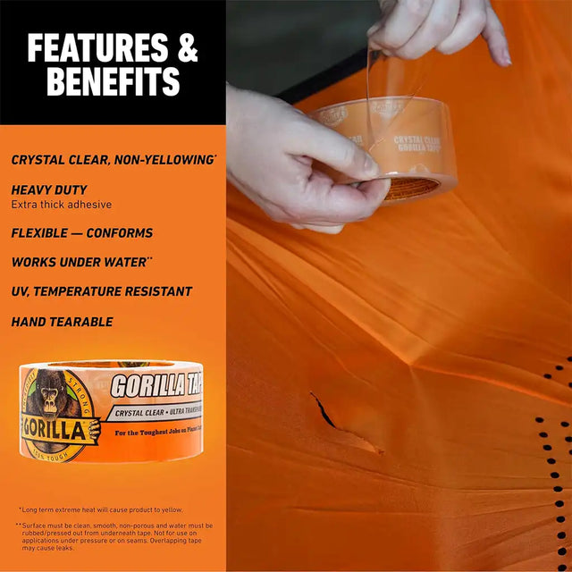 Gorilla Glue container with application on orange fabric, featuring features and benefits text.