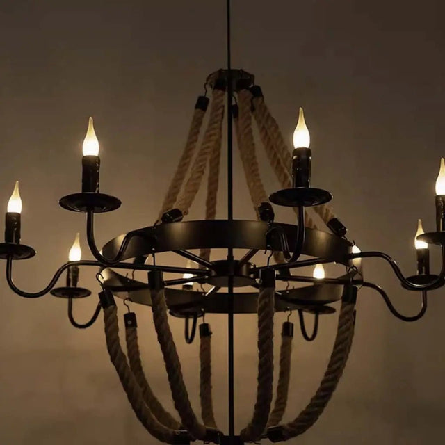 Chandelier with multiple light bulbs against a dark background