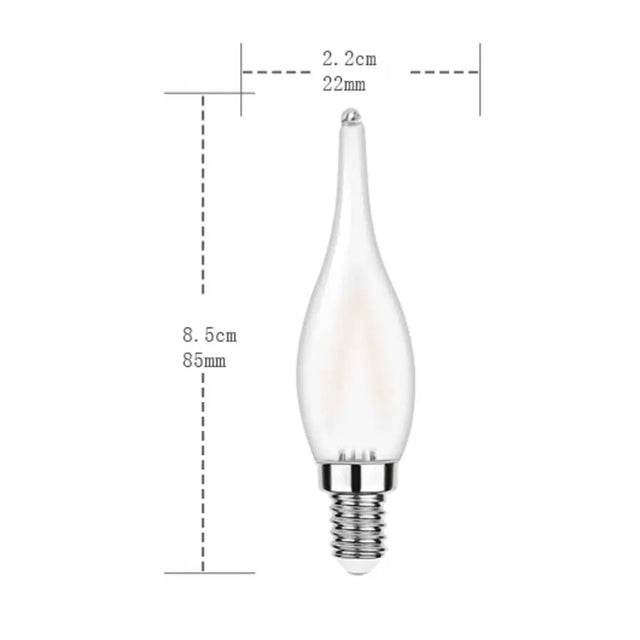 Candelabra light bulb with dimensions labeled on a white background