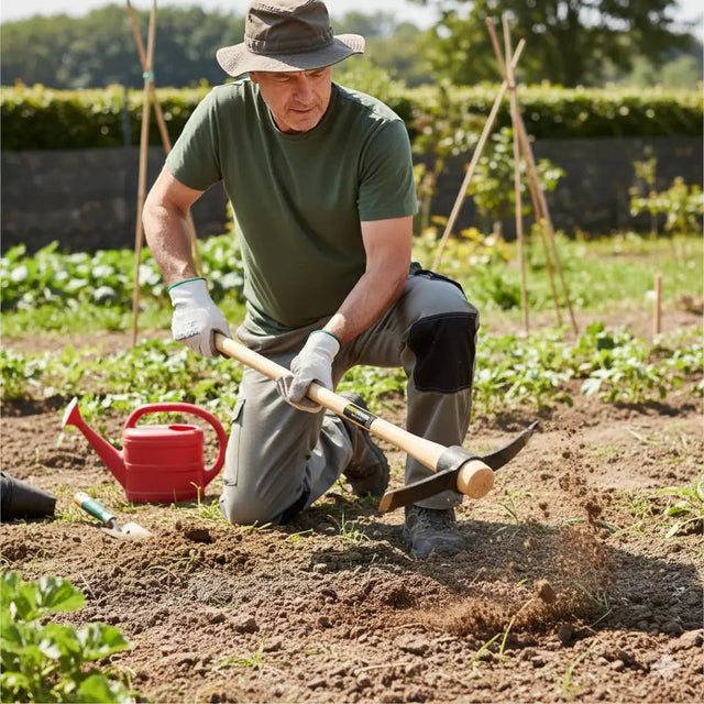 Man gardening in a field with mattock and plants around