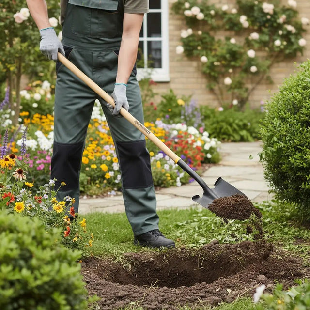 Person gardening with a shovel in a flower garden