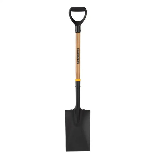 Black spade with a wooden handle on a white background