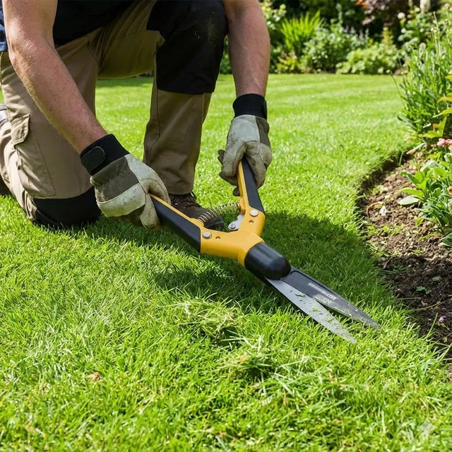 Person using a grass shear on a lawn