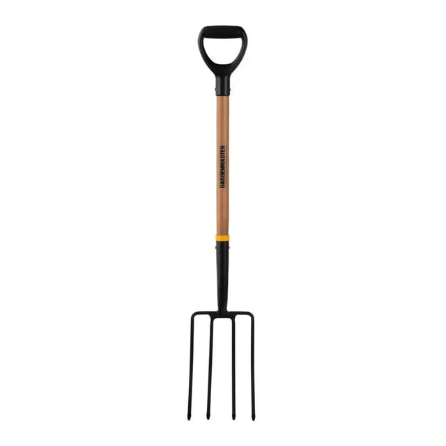 Gardening fork with wooden handle on a white background
