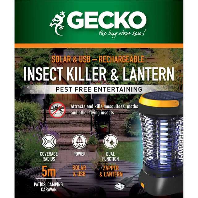 GECKO insect killer and lantern with outdoor setting on packaging
