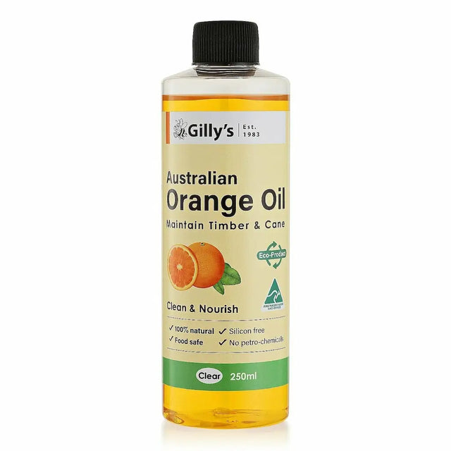 Bottle of Gilly's Australian Orange Oil on a white background
