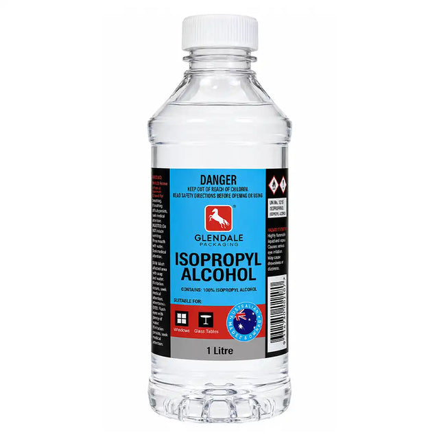 A 1 litre plastic bottle of Glendale Isopropyl Alcohol with a white cap and a blue, black, and red label, shown on a plain white background.