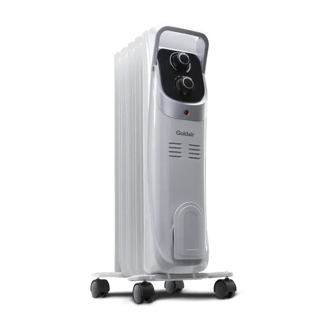 White oil-filled radiator with digital display on a white background