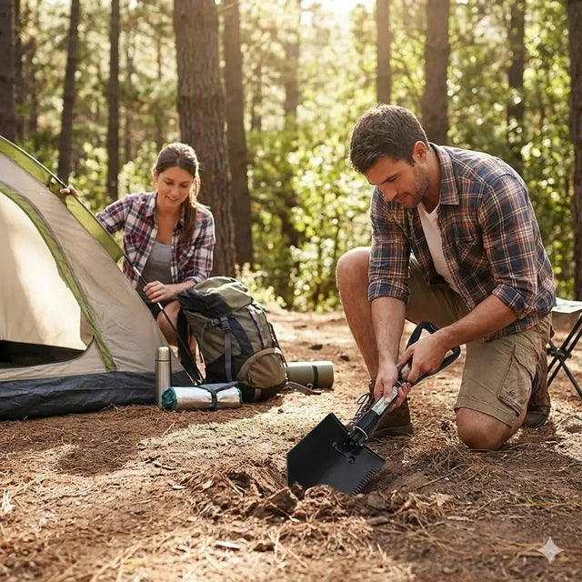 Man and woman camping in a forest, with the man using a folding shovel.