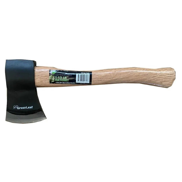 Wooden-handled axe with a black head on a white background, featuring the GreenLeaf brand.
