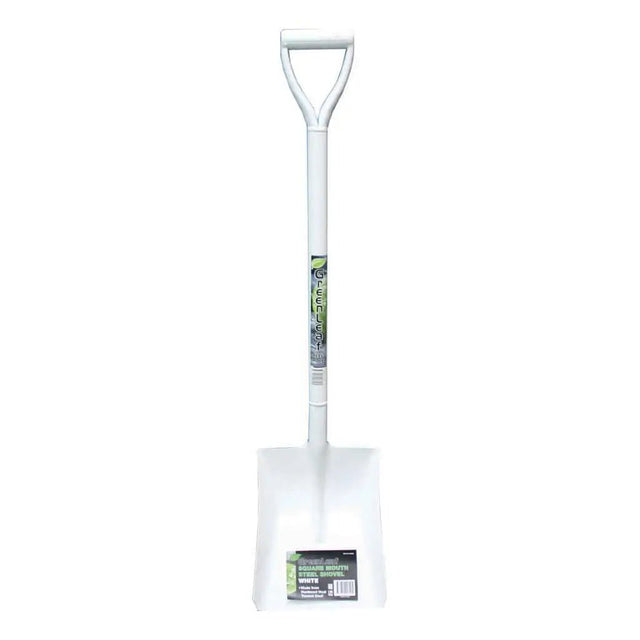 White garden shovel with a D-shaped handle on a white background