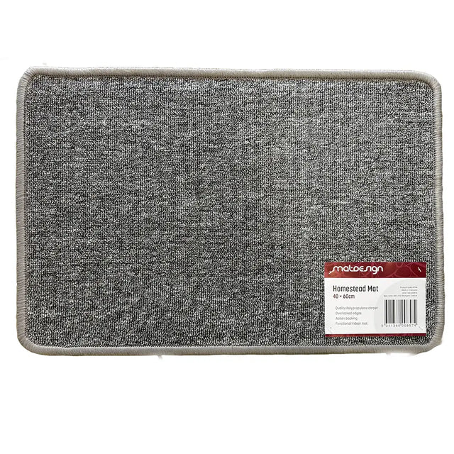Gray doormat with a brand label on a white background