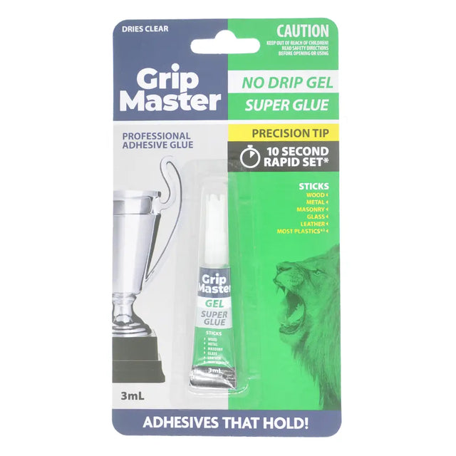 Grip Master no drip gel super glue packaging on a white background