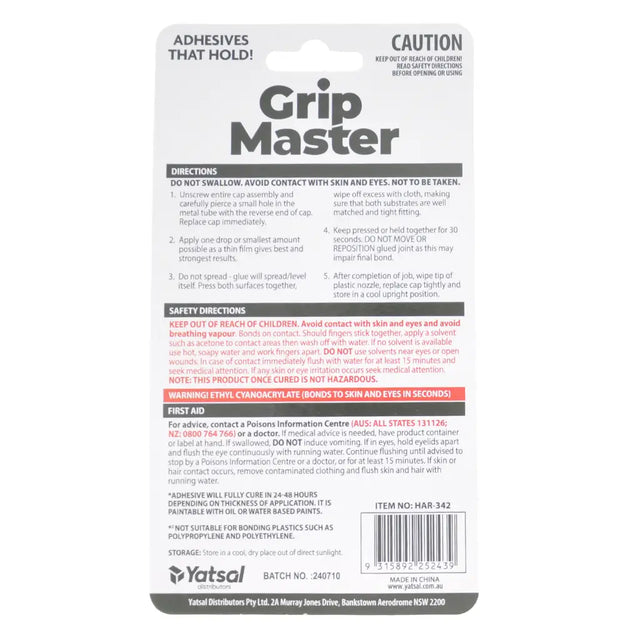 Grip Master product packaging with safety and usage instructions on a white background