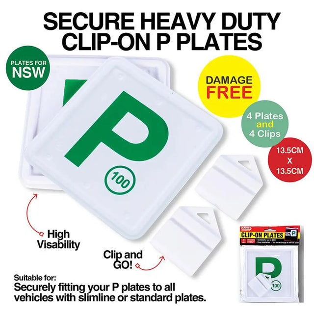 Secure Heavy Duty Clip-On P Plates packaging with text highlighting features on a white background