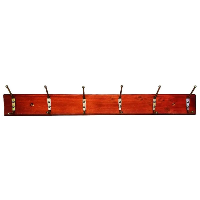 Wooden coat rack with five hooks on a white background
