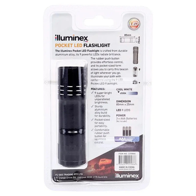 Illuminex pocket LED flashlight packaging on a white background