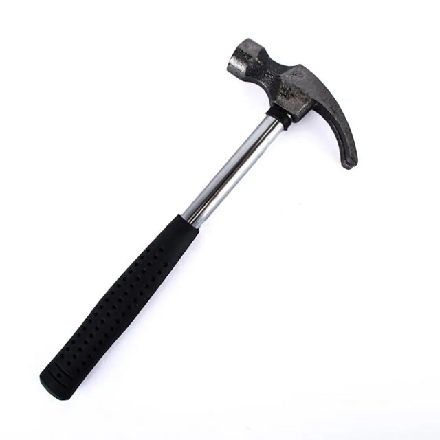 Hammer with a black handle on a white background