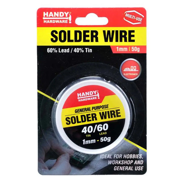Handy Hardware solder wire in a 1mm (50g) spool, packaged in a black, yellow, and red cardboard blister pack.