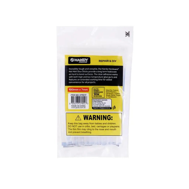 Handy brand packaging with a warning label on a white background
