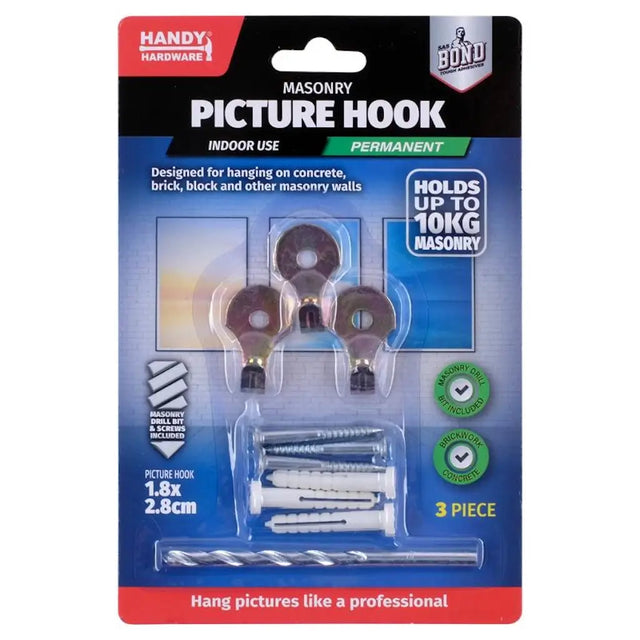 Masonry picture hook set with packaging from Handy Hardware