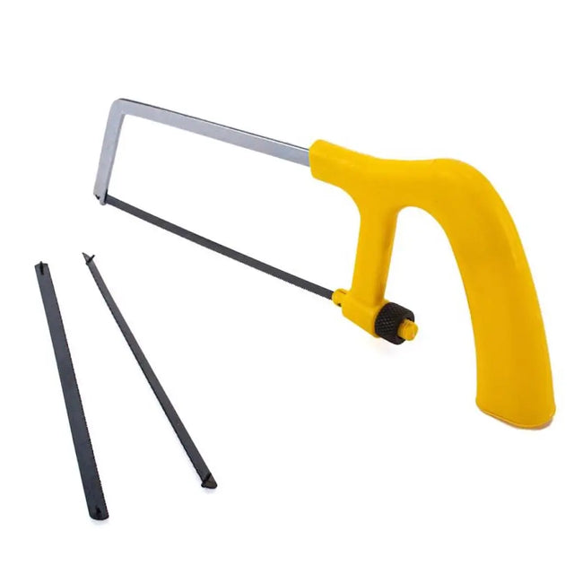 Hacksaw with yellow handle and two metal blades on a white background