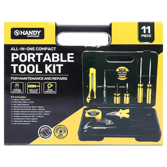 Handy 11-piece portable tool kit packaging with tools displayed.