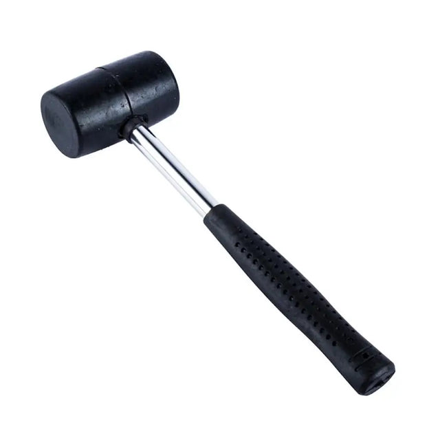 Black rubber mallet with a metal handle on a white background