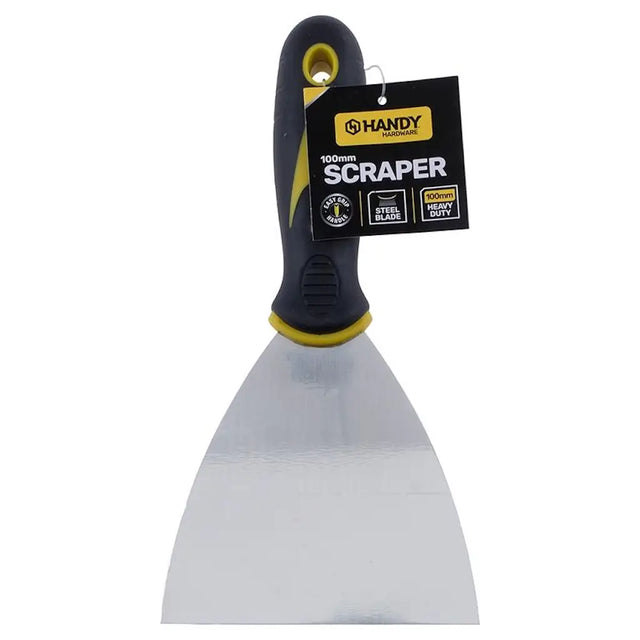 Scrapper tool with a black and yellow handle and a visible 'Handy' brand tag on a white background.