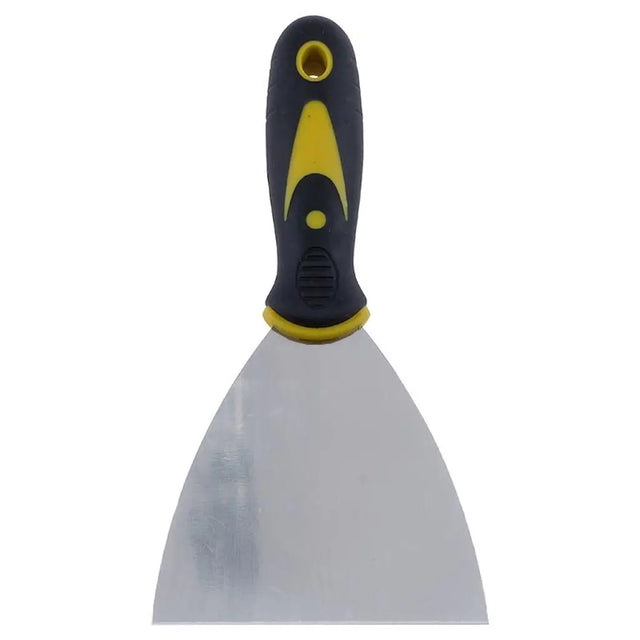 Putty knife with black and yellow handle on a white background