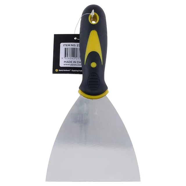 Putty knife with black and yellow handle on a white background