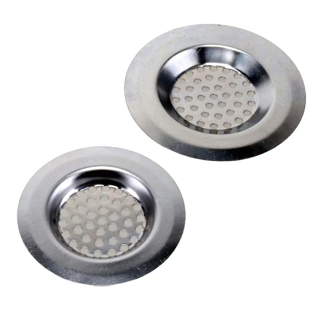 Two stainless steel sink strainers on a white background
