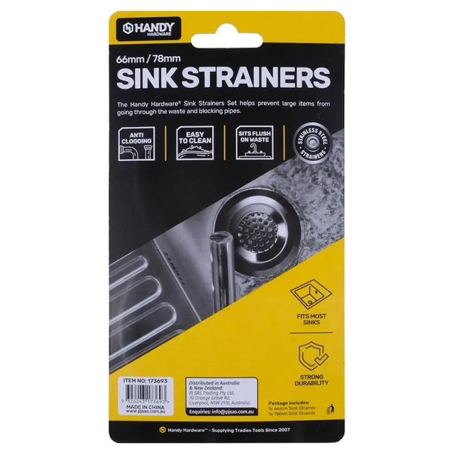 Packaging of sink strainers with branding and product details on a white background