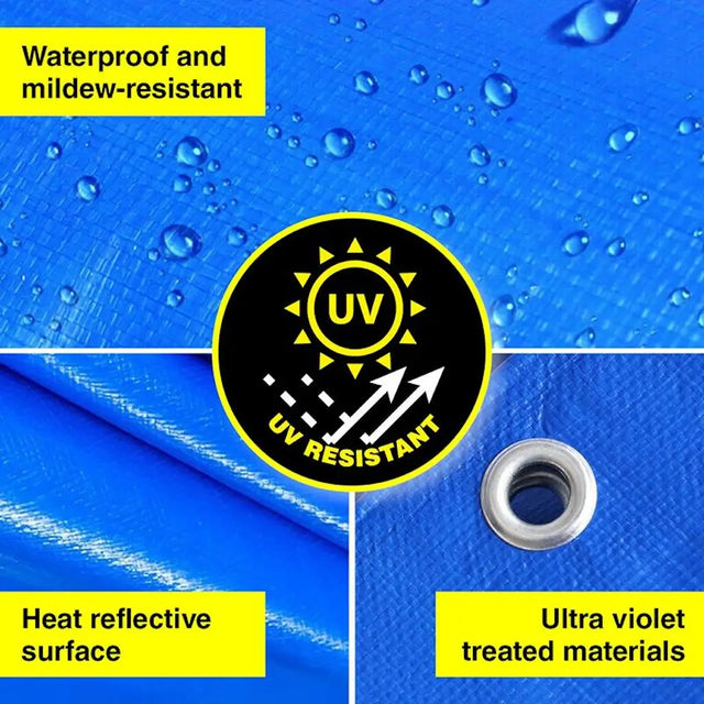 Blue tarpaulin with waterproof, UV-resistant, heat reflective, and ultra-violet treated material features.
