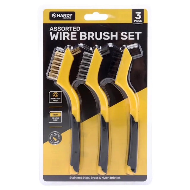 Handy Assorted Wire Brush Set in retail blister packaging, containing three wire cleaning brushes with yellow and black handles and metal bristles.